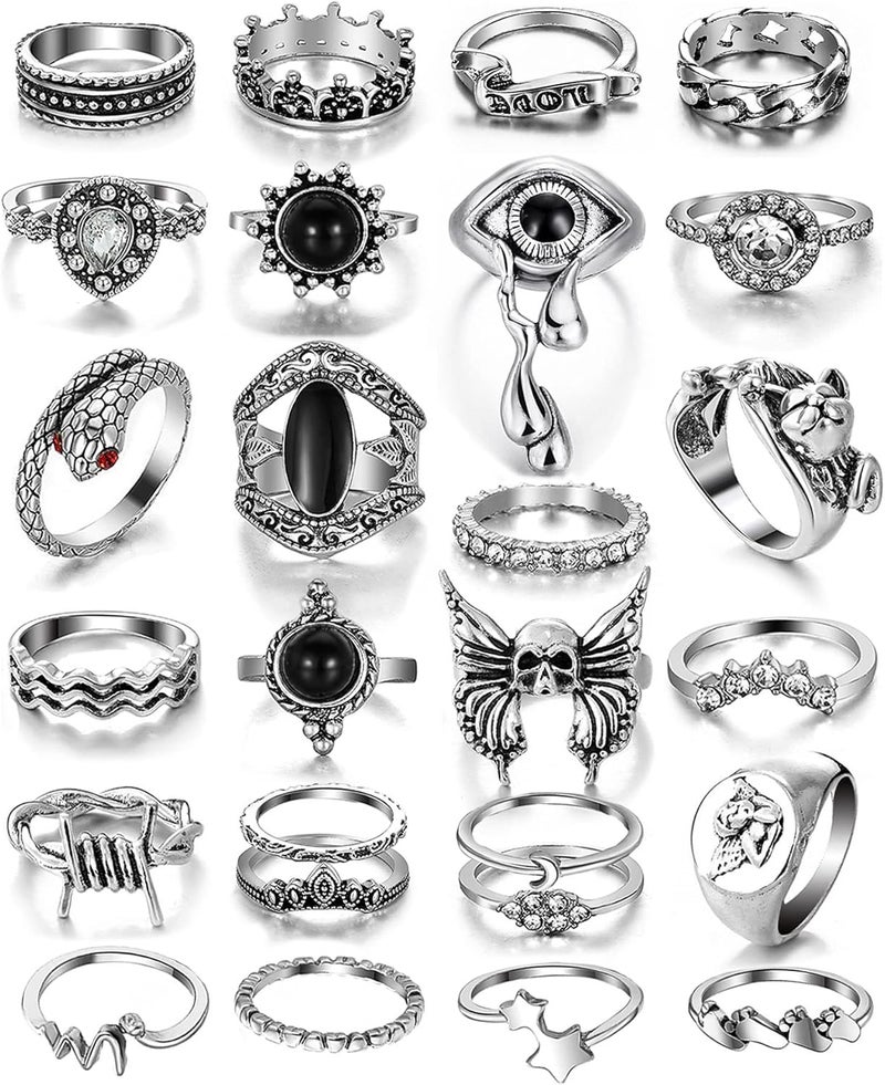 17IF 26-35 Pcs Vintage Silver Knuckle Rings Set for Women Men, Grunge Gothic Rings Chunky Aesthetic Snake Stackable Adjustable Punk Bulky Finger Alt Fairy Skull Frog Heart Star Flower Midi Ring Pack - Image 1